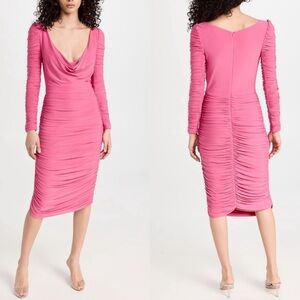 Aliette Ruched Long Sleeve Plunge Neckline Midi Dress Pink Size 4